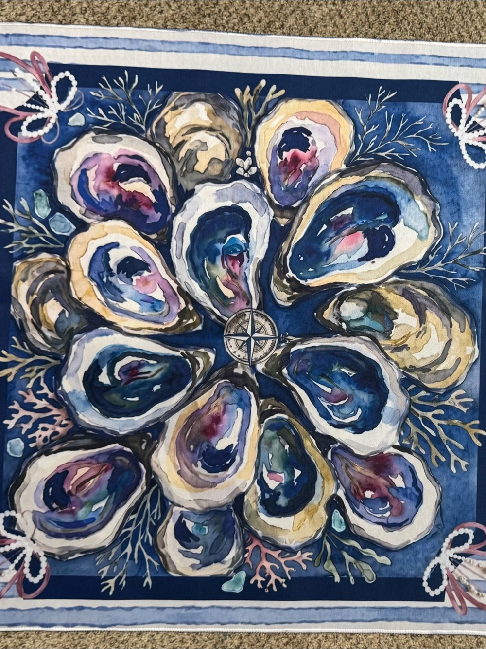 Nautical Oyster Shell Mahjong Mat in Navy, Blue, Cream